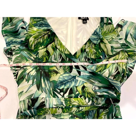 SLNY Women Asymmetrical Sheath Wrap Dress Leaf Print Tie Waist Ruffle Green SZ 6 - Picture 6 of 9